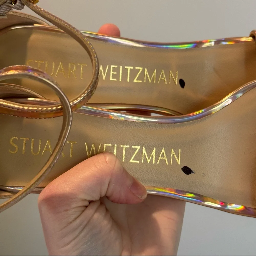 Stuart Weitzman Nudistcurve 100 Ankle Strap Heel Rose Gold Metallic Hologram